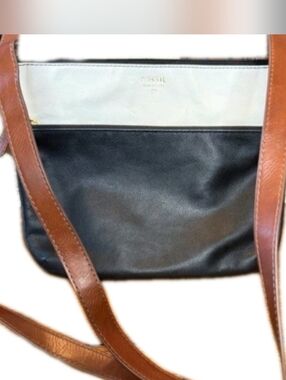 Fossil Two-Tone Black and Cream Crossbody with Brown Straps 11x9.5